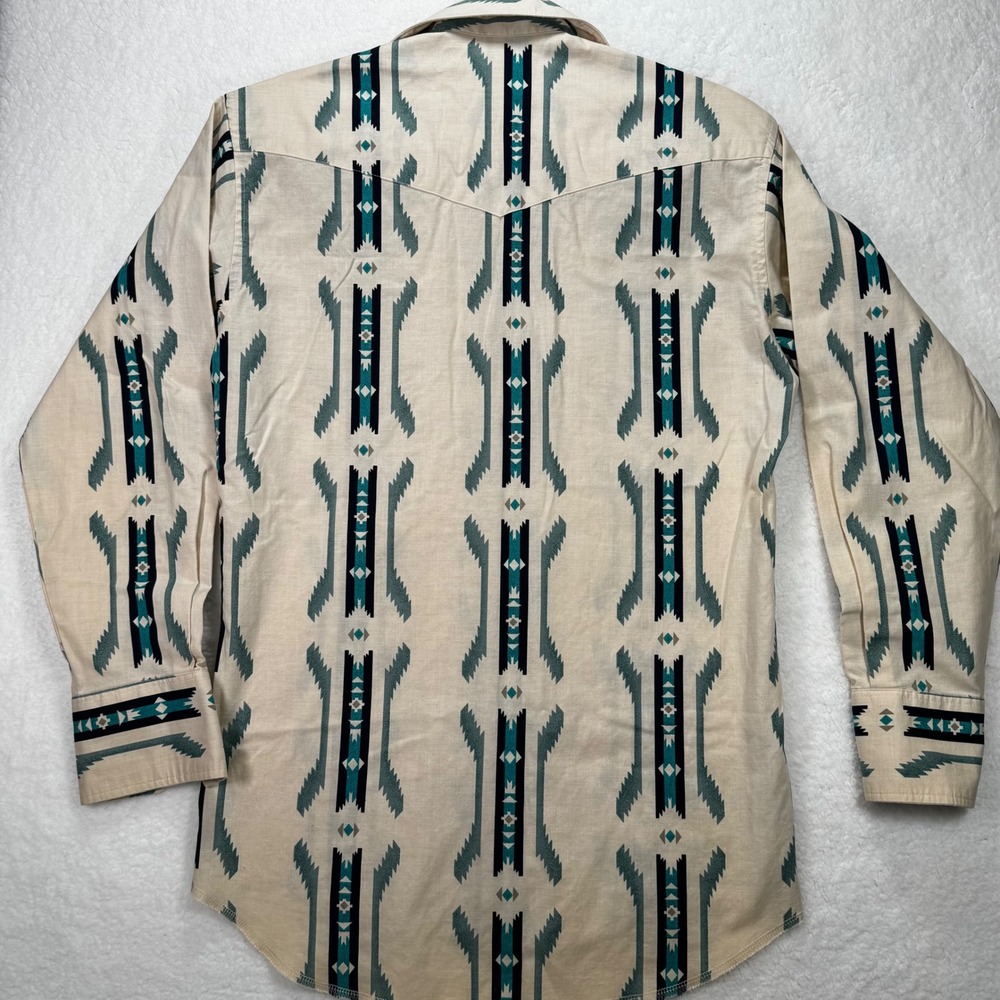 Wrangler Mens Aztec Western Snap Shirt Small Teal Tan Geometric Long Sleeve - Picture 10 of 12